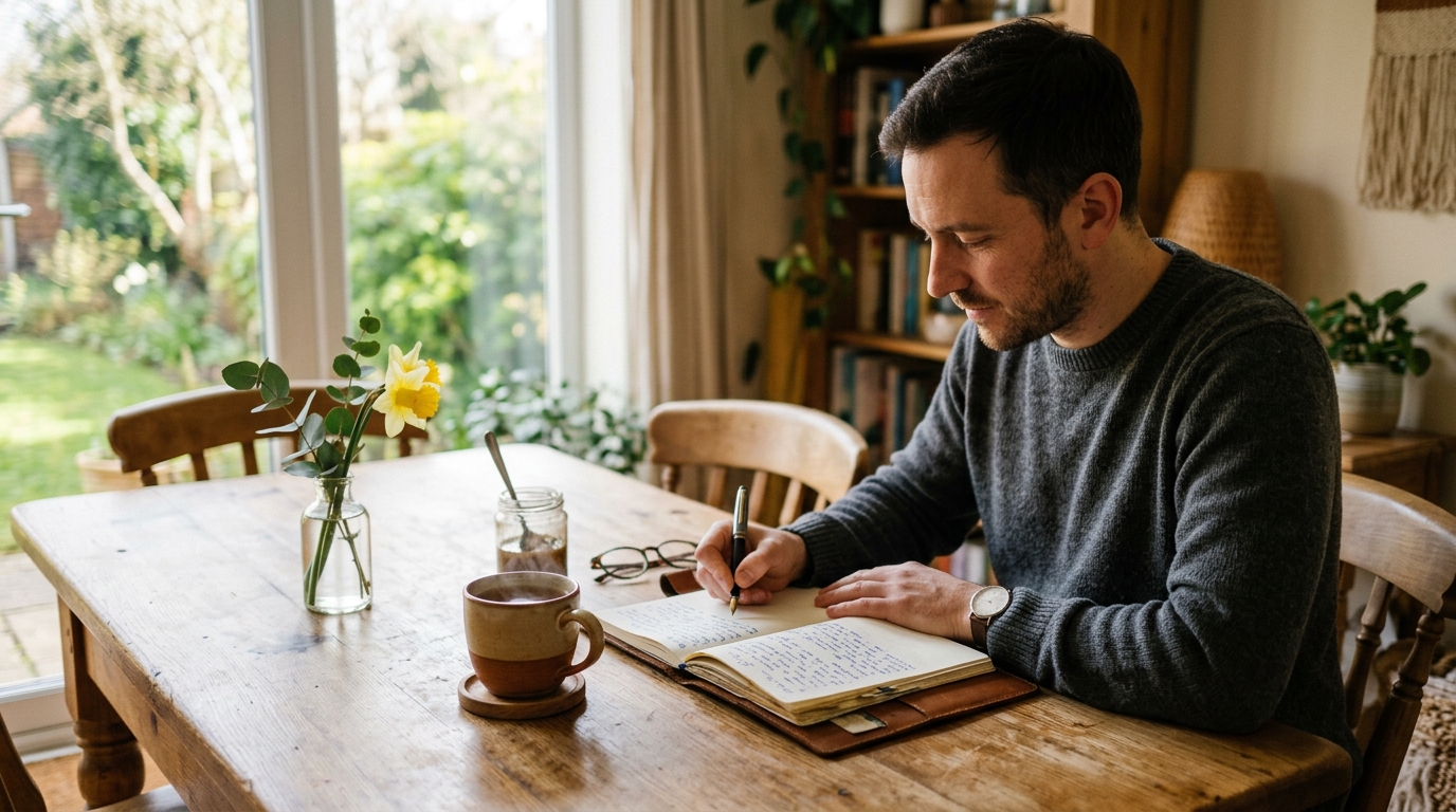 Ranní rituál a pohoda — šálek čaje a zápisník na stole